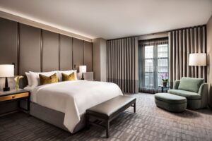 A modern bedroom with a large bed, padded headboard, two bedside tables with lamps, a green armchair, and window curtains.