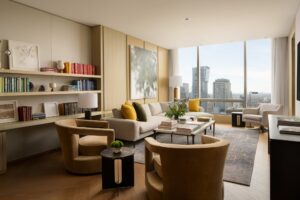 Modern living room with a sectional sofa, armchairs, coffee table, and bookshelves, overlooking a city skyline.